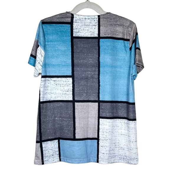 Exclusive ❤ - Women's Size M - Blue, Grey & White Square Design - Short Sleeve - Picture 3 of 10